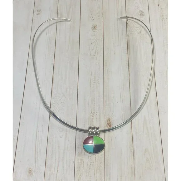 Vintage 925 Choker Necklace Multi Gemstone Pendant Modernist 15 inches - Picture 5 of 7